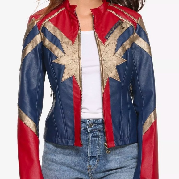 NEW Her Universe Marvel Captain Star Faux Leather Jacket S/M Small red blue gold - Picture 1 of 15